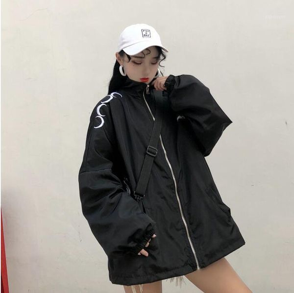 

new women's letter embroidery loose zipper jacket1, Black;brown