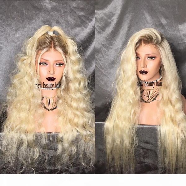 

fashion kylie jenner style brown roots 613 blonde ombre lace front wig pre plucked with baby hair wet wave synthetic lace hair wigs, Black