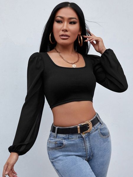 

petite lantern sleeve crop t2dj#, White