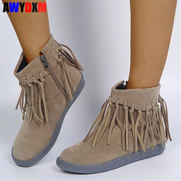 

new boots women autumn winter shoes vintage roman women's ankle boots fashion tassel side zipper short female botas mujer, Black