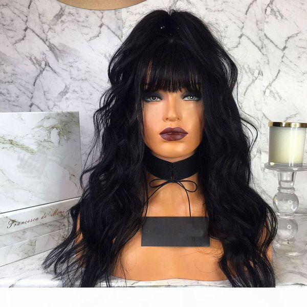 

#1 color full lace fringe wig brazilian body wave lace front human hair wigs with bangs 360 lace frontal wigs preplucked natural hairline, Black
