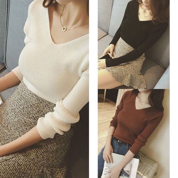 

fewov new v-neck tin autumn winter ttight sweater shirt2020 slim long fit sleeve shirt bottomed shirt looks thinwomen wear sweater inside lv, White;black