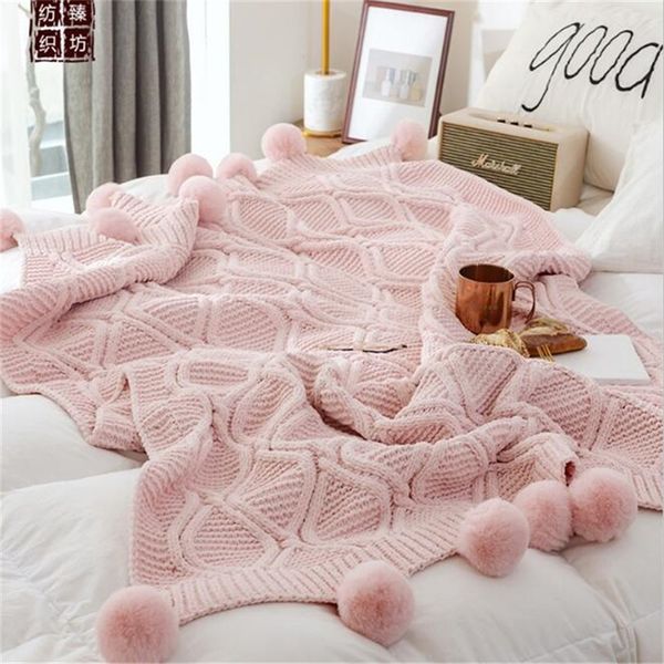 Sofá cobertor de malha lance cobertores de algodão pompom cobertores de bebê cobertor de crochet para cama sofá capa de malha tapete 160 * lj201014