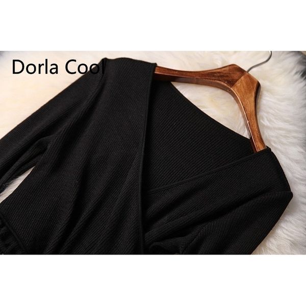 

2021 high-end two garments dressed in shredded stitches aline midi dress long knitted with low-necked v ruffles elegant party dresses wppw, Black;gray