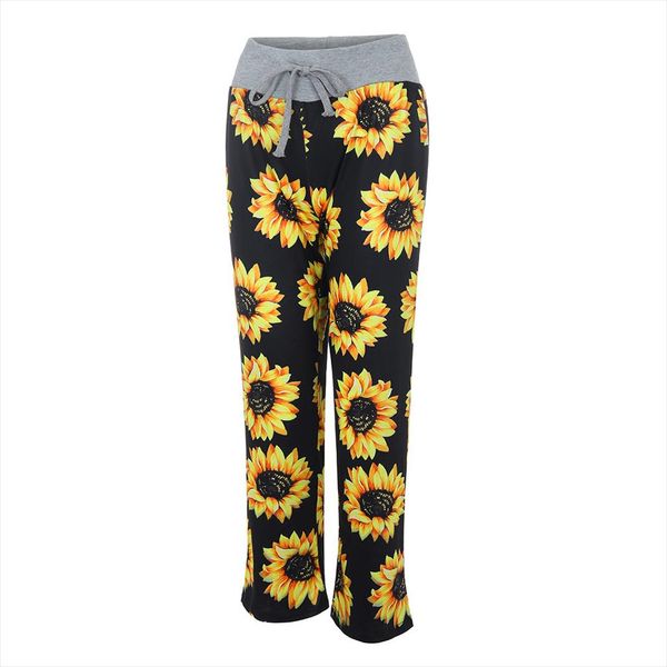 

30h sunflower print leggings women comfy stretch sports leggins drawstring palazzo loose trouser wide leg lounge pants, Black