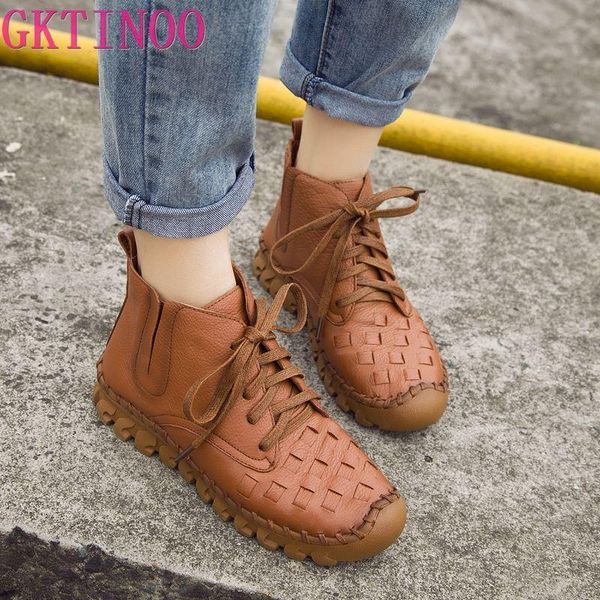 

gktinoo 2020 women fashion vintage genuine leather shoes female autumn winter platform ankle boots woman lace up casual boots, Black