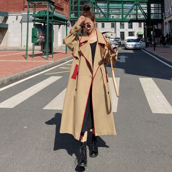 

2021 new female blouse spring new autumn long contrast korean correspondent loosely fashion khaki straight lapel trench coat 8h q7kd, Black;brown