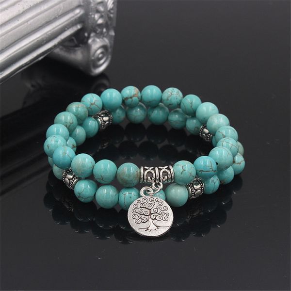 

turquoise string beaded strands chinese style jewelry design tree of life with metal logo bead charm bracelet set for couples, Black