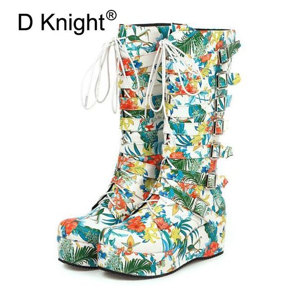 

winter gothic punk womens platform boots black buckle strap lace up creepers wedges shoes mid-calf combat boots size 45