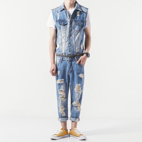 

mens summer new sleeveless denim jumpsuit casual cowboy slim fit hole ripped romper jeans pants male zip one piece bib overalls1, Blue