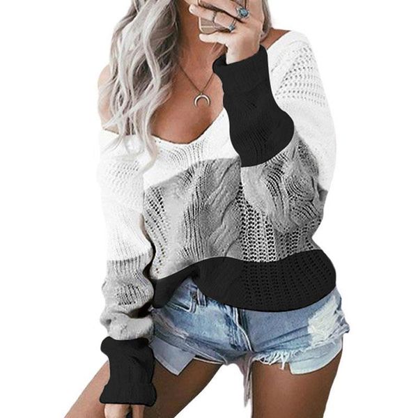 

autumn winter v neck sweater women jumper off shoulder sweater ladies pullover long sleeve warm loose striped sweater for, White;black