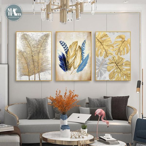 

golden feather leaves wall art canvas painting wall pictures for living room nordic abstract decoration pictures morden decor1