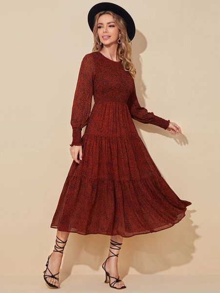 

allover dalmatian print ruffle hem bishop sleeve dress she, Black;gray