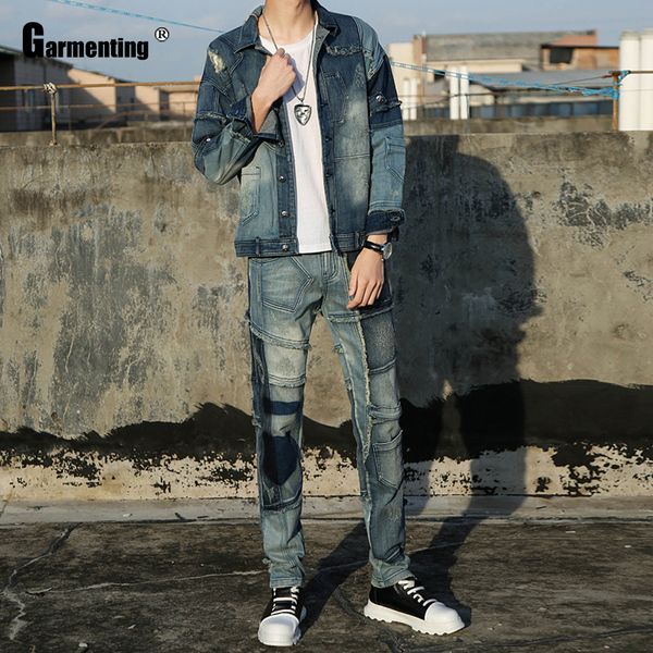 

garmenting 2021 autumn simple mens jackets casual patchwork jean denim jacket european and american coats men clothing, Blue