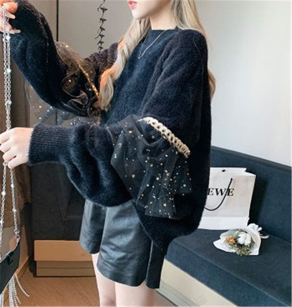 

2021 New Solto Pillovers Fuzzy Novas Mulheres Em Torno Do Pescoo Oversized Camisola Vison Veludo Malha Lantejoulas Grosso Senhoras Moda GH7C, White;black