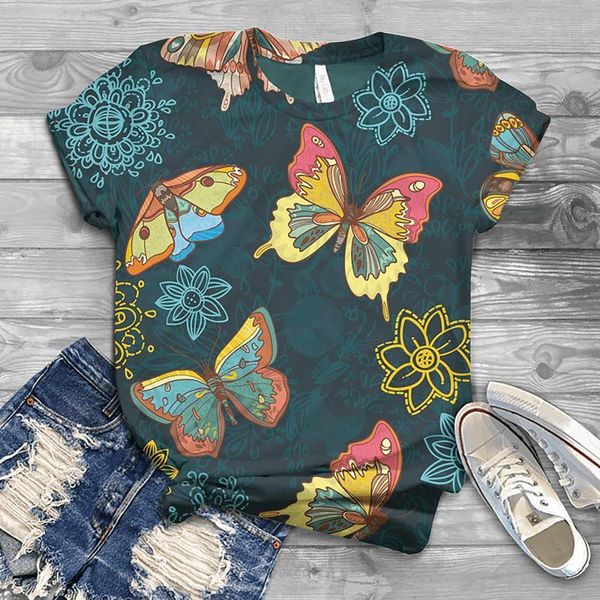 

female t-shirt women summer vintage loose animal print soft causal short sleeve t-shirt butterfly print female, White