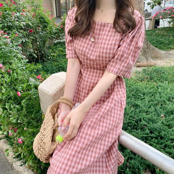 

square collar summer dress women cotton linen casual half sleeve dresses female dress plaid pink dress boho robe femme vestido, Black;gray