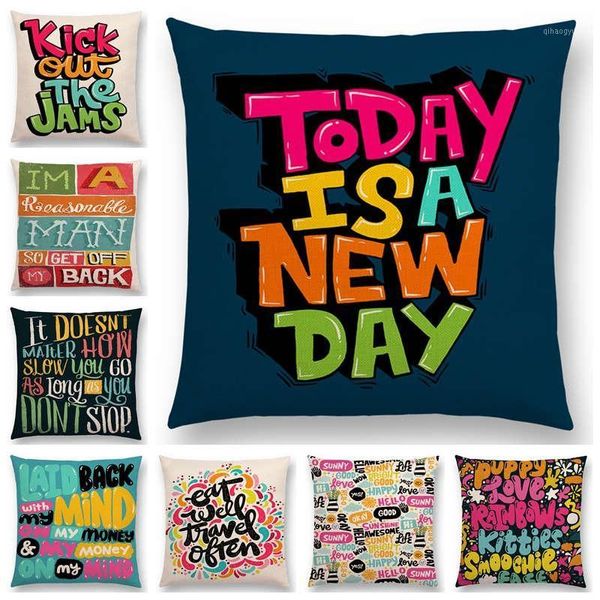 

colorful pattern decorative letters meaningful words interesting phrases good day sun happy cushion cover pillow case1