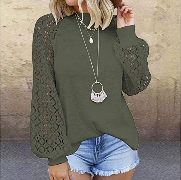 

women elegant hollow out lace blouse shirts autumn lantern long sleeve knit pullover vintage o neck solid streetwear blusas, White