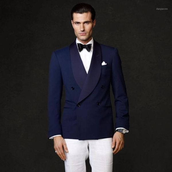 

double breasted blue groom tuxedos shawl lapel groomsmen man mens wedding suit (jacket+pants+tie) w:3621, White;black