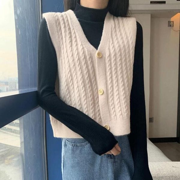 

women sweater vest autumn winter female v-neck sleeveles knitted buttons sweaters candy color, White