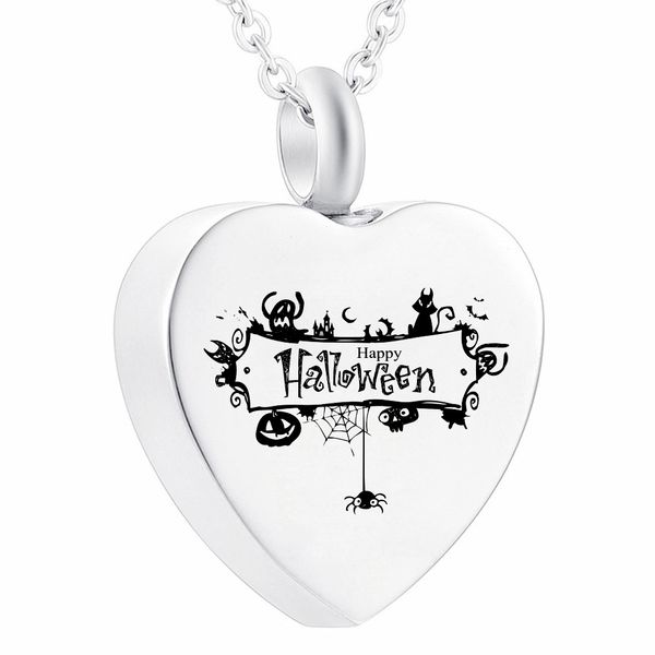 Urna per cremazione a forma di cuore in acciaio inossidabile, collana con ciondolo commemorativo in argento per ceneri, con kit di riempimento, sacchetto in velluto-Buon Halloween