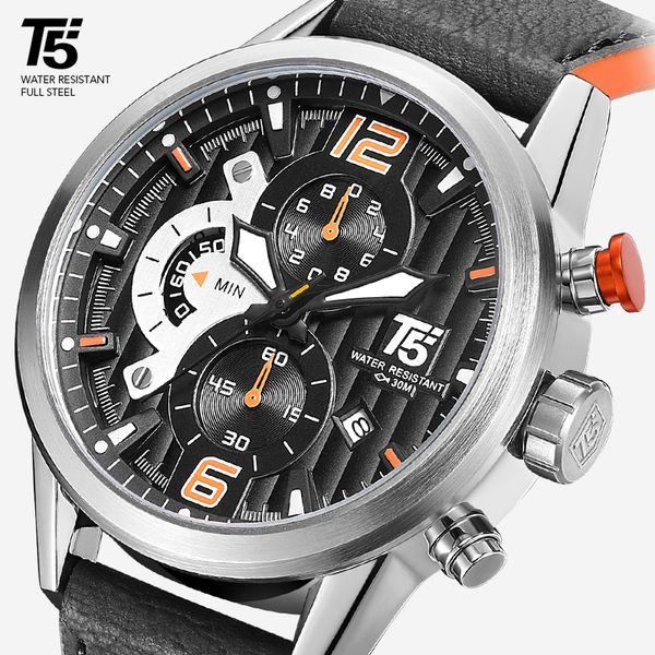 

men's sports watch, quartz timer, luxury, waterproof, black, t5, Slivery;brown