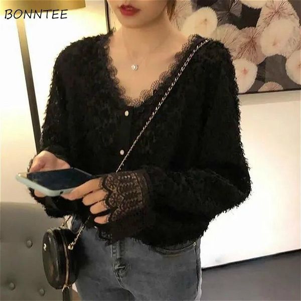 

shirts women loose v-neck long sleeve soft casual chic stylish elegant korean style female blouses all-match lace popular simple, White