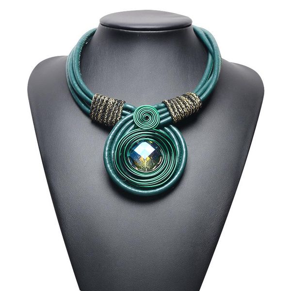 

europe big crystal pendant necklaces & pendants multilayer rope pu leather maxi colar statement necklace women dress jewelry, Silver