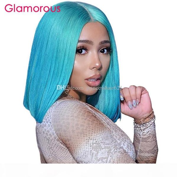 

lace front human hair wigs for black women straight cyan short bob wig, Black;brown