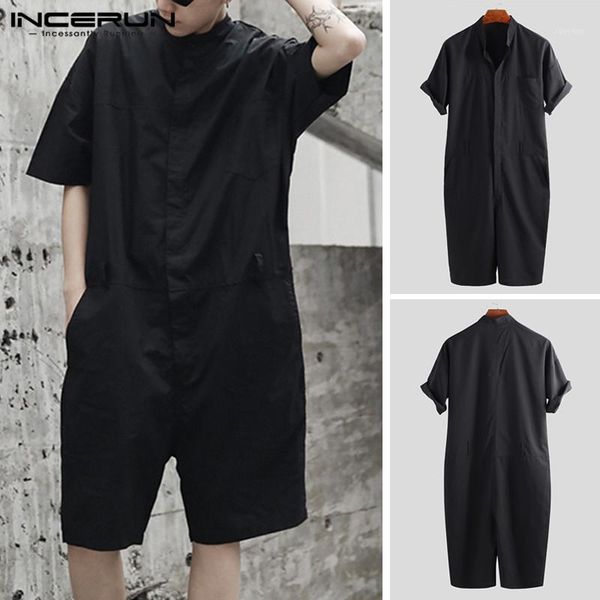 

incerun fashion men cargo overalls solid color romper loose shortsleeve playsuit punk style streetwear men jumpsuit pants 20191, Black