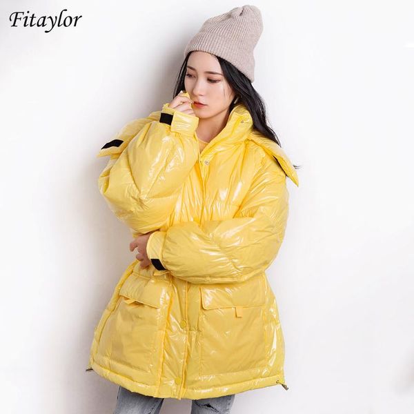 

fitaylor winter women bright color hooded warm snow down coat 90% white duck down parkas loose stand collar windproof outwear, Black
