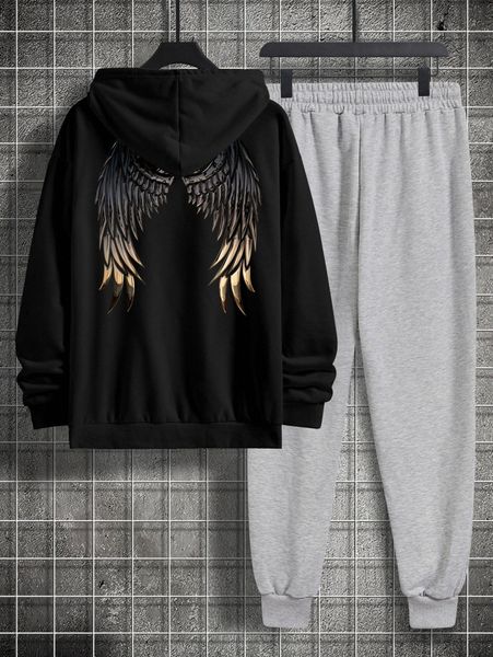 

men wings print kangaroo pocket drawstring hoodie & sweatpants x8s3#, Gray