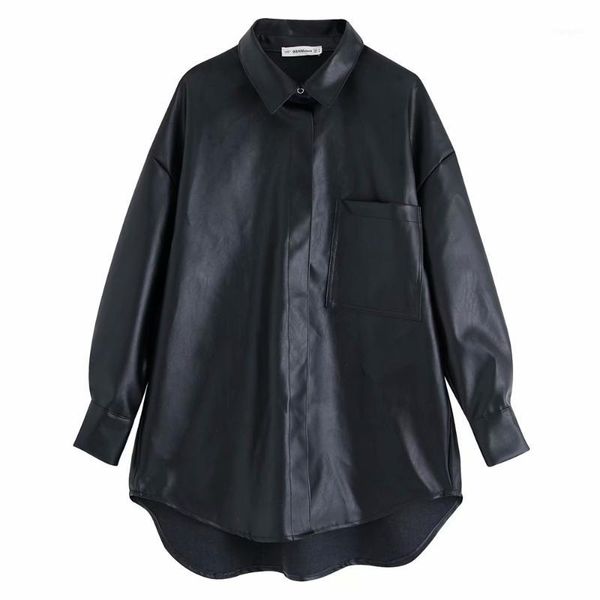 

2019 women's wear new lapel long sleeve irregular loose fashion imitation leather mid-long shirt 029692678001, White