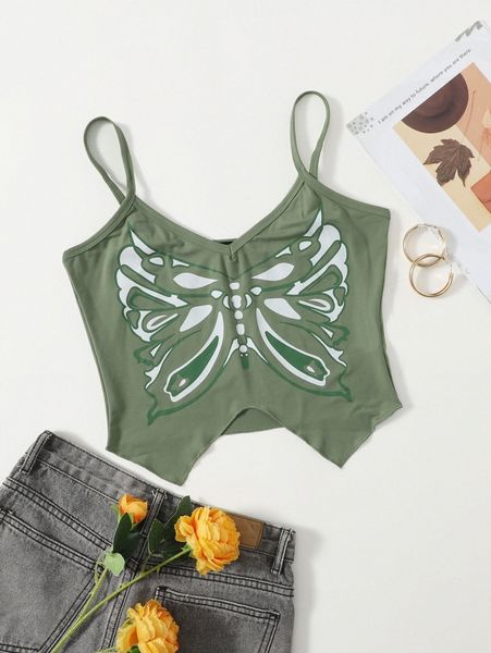 

butterfly print crop cami j4e0#, White