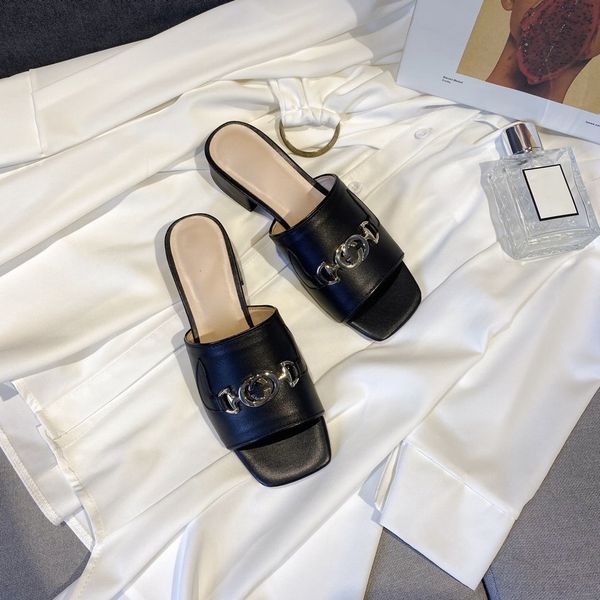 

summer 2020 sheepskin low heel metal chain sandals women's shoes women sandals fashion, Black