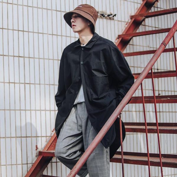 

2020 men's long style windbreaker loose coats male outerwear streetwear jackets retro cardigan black/khaki/grey trench s-xl1, Tan;black