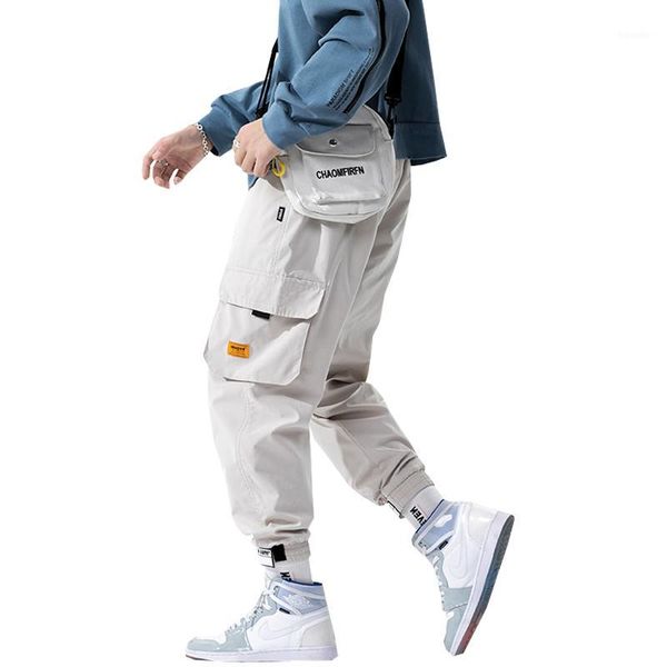 

men's pants 2021 hip hop ribbons cargo men joggers streetwear elastic waist mens casual trousers sweatpants1, Black