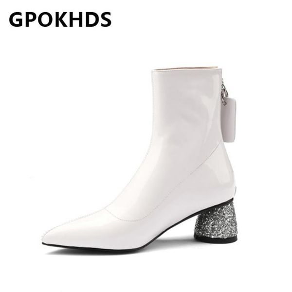 

boots gpokhds 2021 women ankle cow leather winter short plush pointed toe zipper high heels female size 39, Black