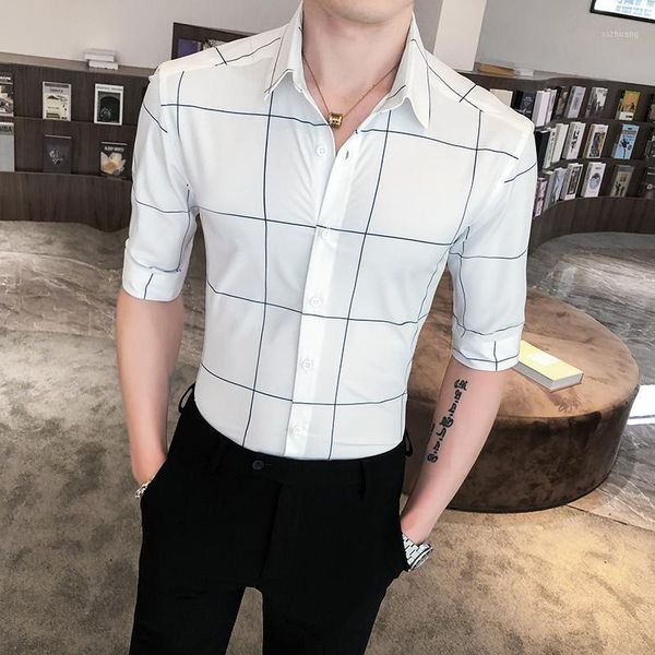 

men's casual shirts british style summer office for men fashion 2021 half sleeve plaid slim fit business formal wear blouse1, White;black