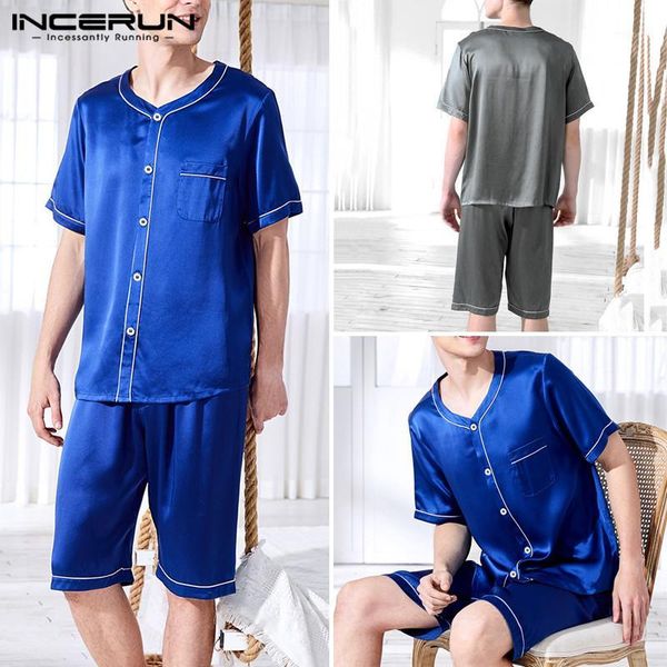 

incerun men pajamas sets short sleeve breathable homewear soft summer shorts solid nightwear 2 pieces sleepwear sets s-5xl1, Black;brown