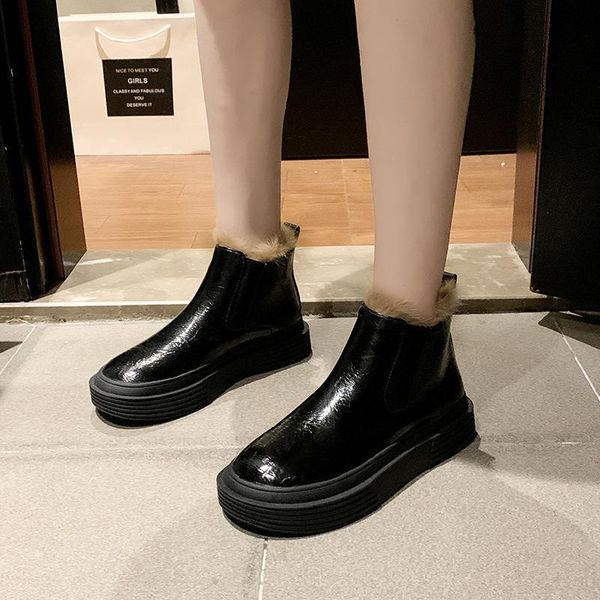 

winter burst leather rex fluffy shoes plus velvet boots bootie flat shoes big head women' lady -40, Black
