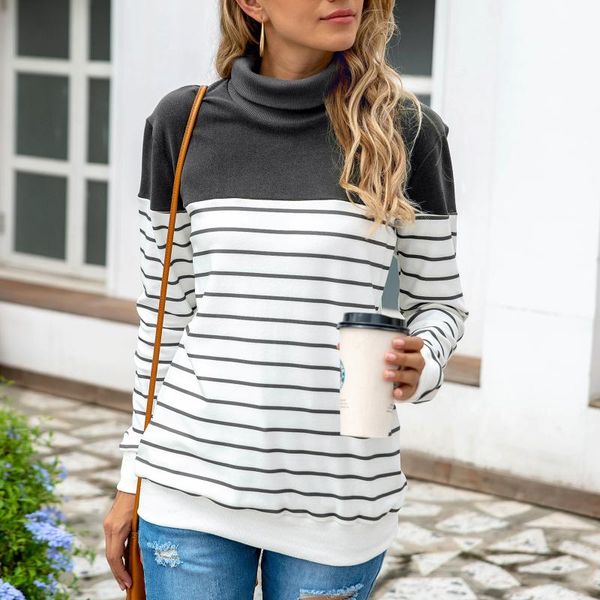 

women blouses fashion stripe splicing high collar sudaderas long sleeves socket casual pullover shirt chemise femme blusas, Black