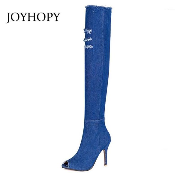 

boots demin peep toe over the knee women nightclub stretch fabric thin legs thigh high sandals heels shoes wb13911, Black
