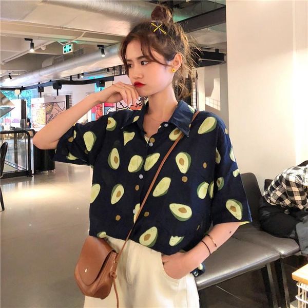 

summer short sleeve turn down collar women shirt korean fruit print shirts women pocket blouses couple casual loose blouse new, White