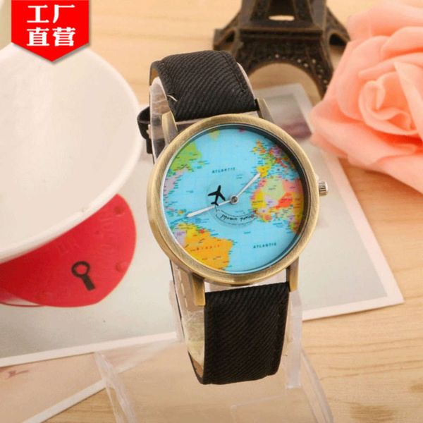 

rotating map watch bronze second airplane hand belt men's and women's earth watch hot, Slivery;brown