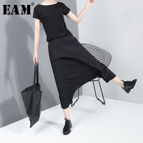

[eam] high elastic waist black split long harem trousers new loose fit pants women fashion tide spring autumn jy93401 201109, Black;white