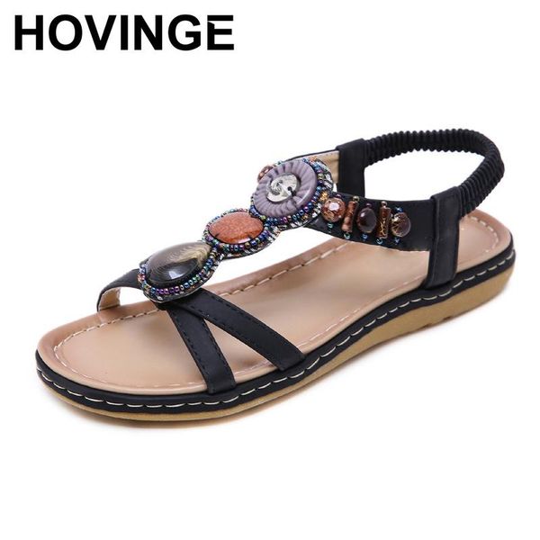 

hovinge women bohemia sandals string bead boho sandals open toe ethnic shoes ankle strap sewing summer beach comfort shoes, Black