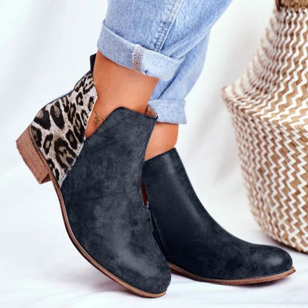 

boots autumn winter women slip-on square toe woman short patchwork ankle women's botas mujer 2021 leopard, Black
