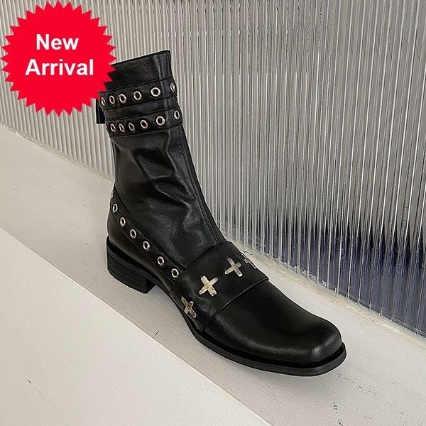 

2021 new genuine leather rivets black ankle boots women smxi